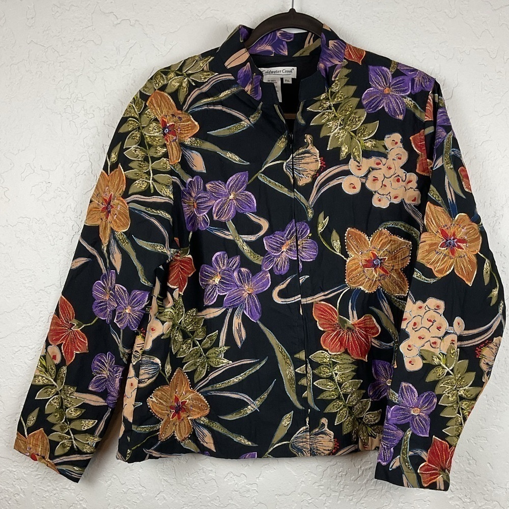 Women’s Coldwater Creek Beaded Floral Black Zip Up Jacket Sz Petite XL